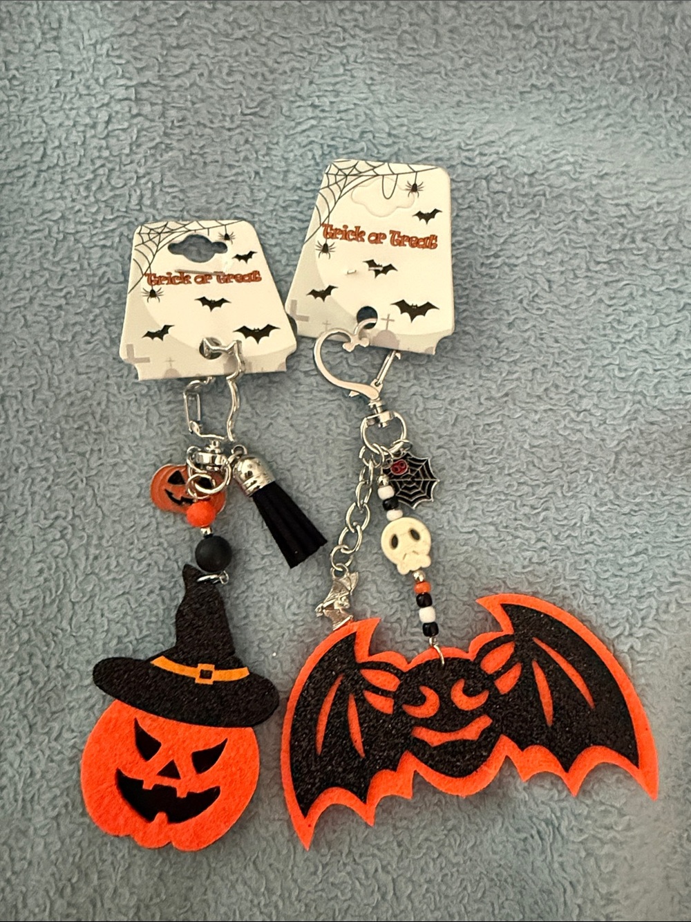 Set of 2 Bag Charms in Orange & Black Pumpkin and Bat. NWT